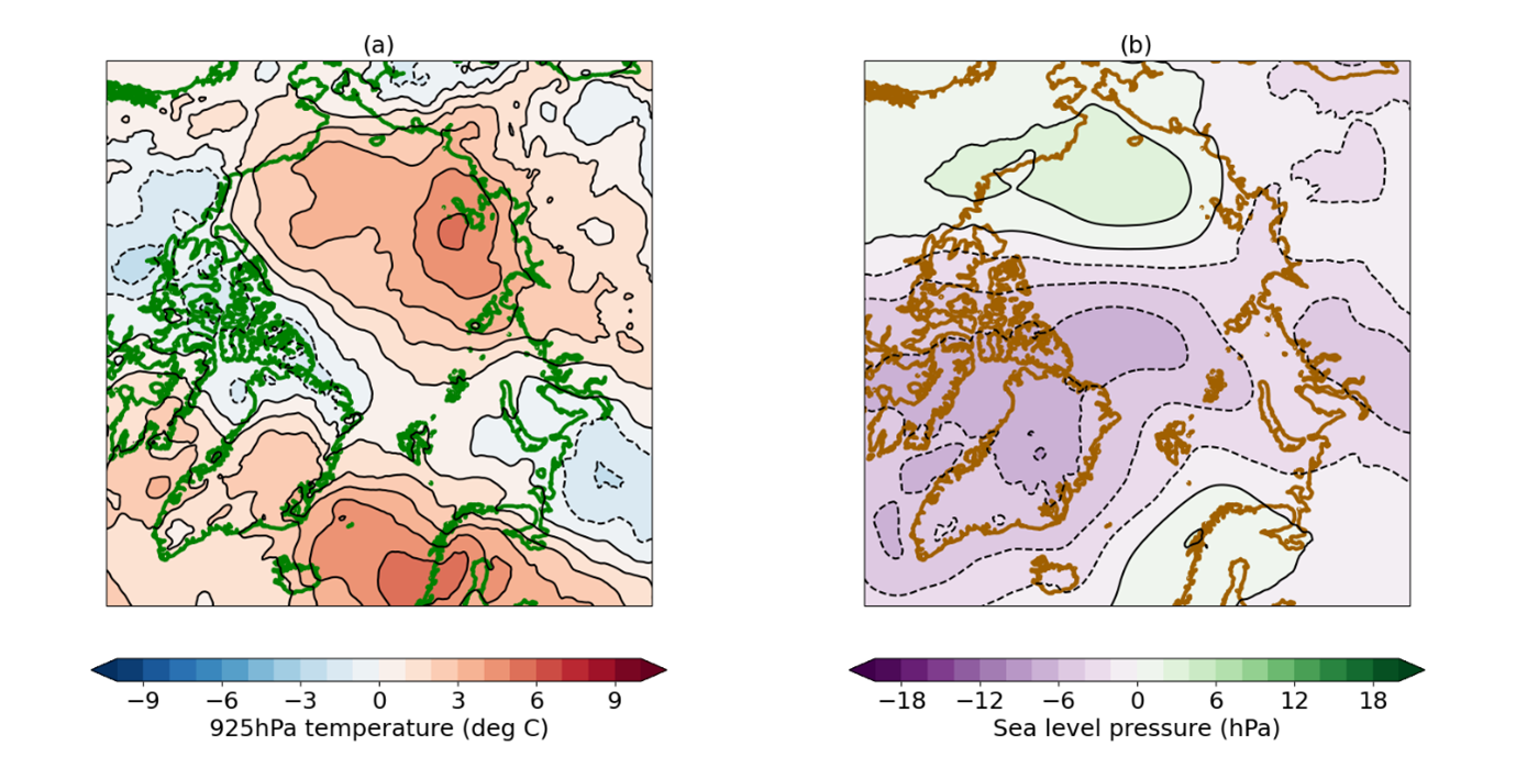July 2025 anomaly relative to the 1981-2010 average in (a) 925hPa temperature; (b) sea level pressure. Data are from the ERA5 reanalysis (Hersbach et al., 2017).