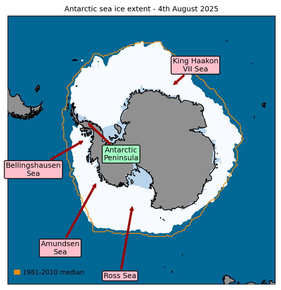 Antarctic sea ice extent on 4th August 2025, with 1981-2010 average extent indicated in orange, and the regions referred to in the text labelled. Data are from EUMETSAT OSI SAF (Tonboe et al., 2017).