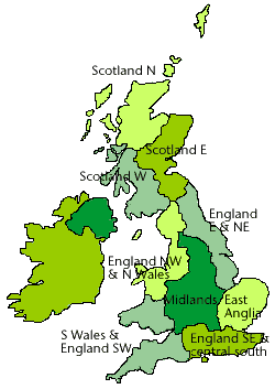 Map of the districts used by the Met Office for climatologies: South Wales and England South West; England South East and central South; East Anglia; Midlands; England North West and North Wales; England East and North East; Scotland West; Scotland East; and Scotland North.