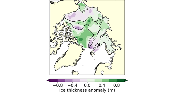 Sea ice thickness anomaly for March 2025 relative to the 2011-2024 average according to the CryoSat-2 radar altimeter observations. Contour lines of actual ice thickness are overlaid.