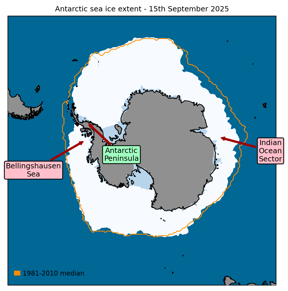 Antarctic sea ice extent (15th September 2025), with 1981-2010 average extent for this date indicated in orange. Data are from EUMETSAT OSI SAF (Tonboe et al., 2017).