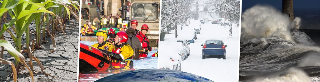 Composite graphic of the earth globe and 4 different types of extreme weather in the UK - drought in a cornfield; boat rescue teams during a flood; a street covered in heavy snow; and stormy seas.