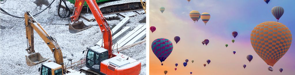 2 images side by side, one of heavy industrial plants covered in snow, the other showing flying hot air balloons.