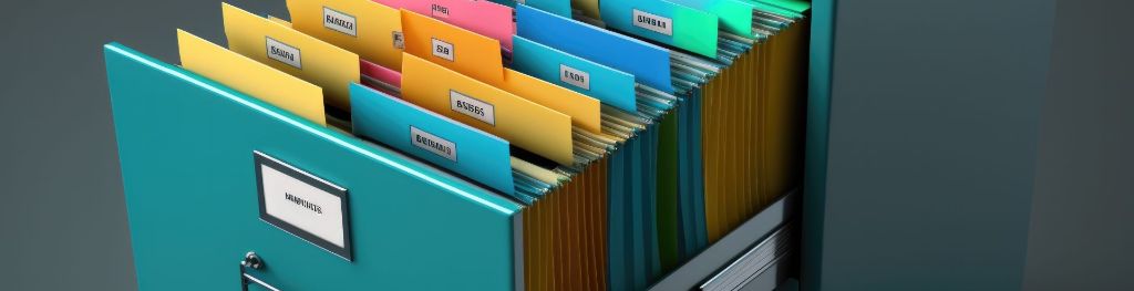 An open filing drawer full of different coloured files.