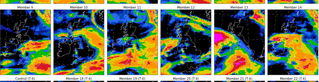 An ensemble forecast showing different forecast scenarios for rainfall