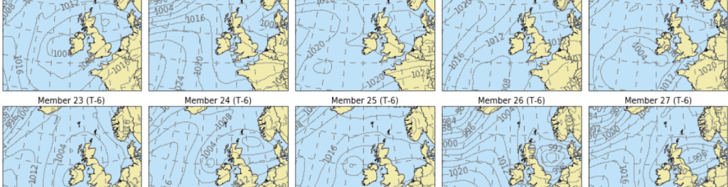 An ensemble forecast showing different forecast scenarios for sea level pressure