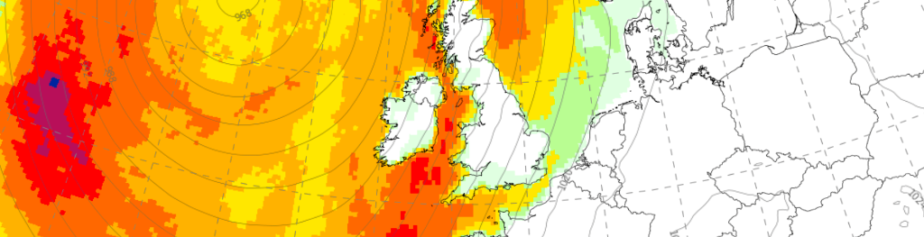 The probability of windspeed > 22 knots, derived from an ensemble forecast