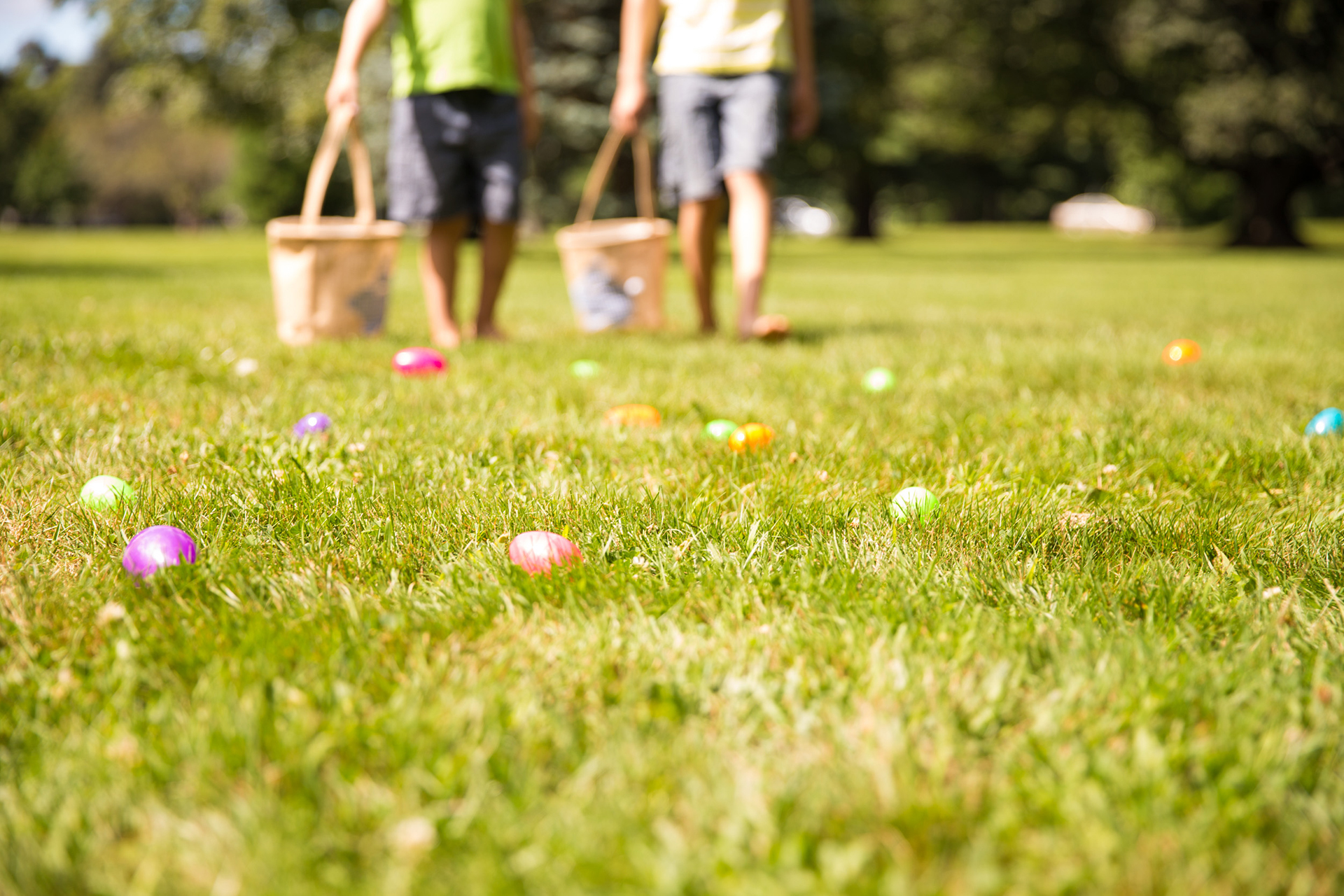 Easter eggs on the ground with children holding baskets to collect them