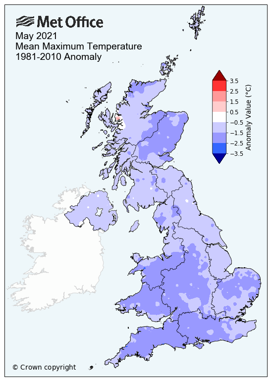 Map showing below average maximum temperatures across the UK for May 2021
