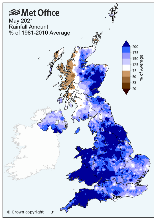 Map showing above average rainfall across the UK for May 2021