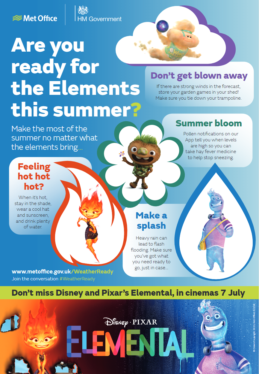 A post with the branding of Elemental and the Met Office. The characters from the film feature on the poster. It reads: Are you ready for the Elements this summer? Make the most of the summer no matter what the elements bring... Feeling hot hot hot? When it's hot, stay in the shade, wear a cool hat and sunscreen and drink plenty of water. Don't get blown away. If there are strong winds in the forecast, store your garden games in your shed! Make sure you tie down your trampoline. Summer bloom. Pollen notifications on our App tell you when levels are high so you can take hay fever medicine to help stop sneezing. Make a splash. Heavy rain can lead to flash flooding. Make sure you've got what you need ready to go, just in case. Don't miss Disney and Pixar's Elemental, in cinemas 7 July.