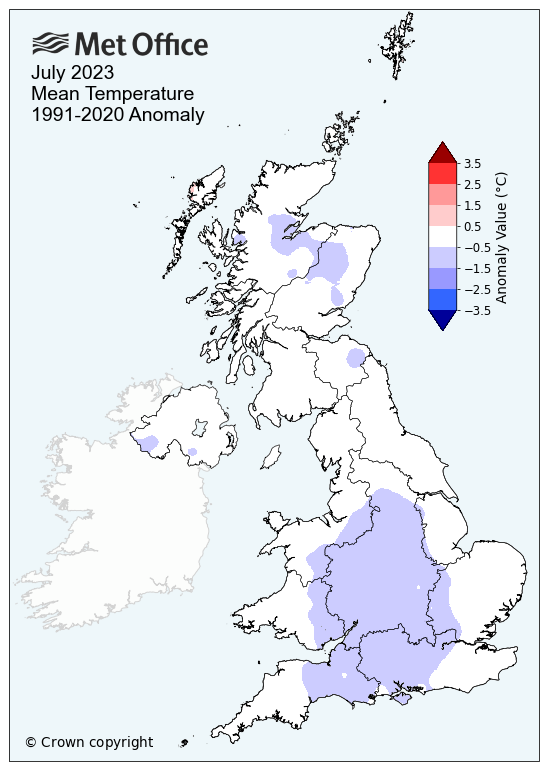 Map of July 2023 mean temp versus long term average. The map shows some near-average temperatures, with some in the south cooler than average slightly.