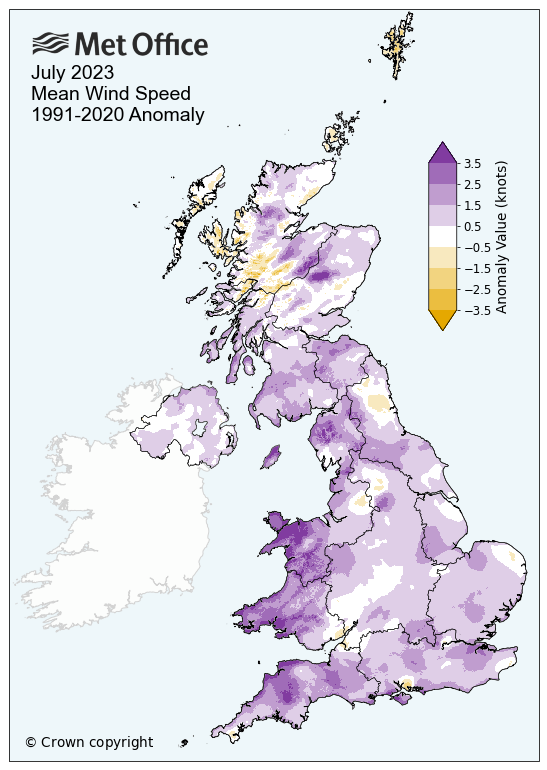 Map of July 2023 wind speed compared to average. Map shows a windier than average month.