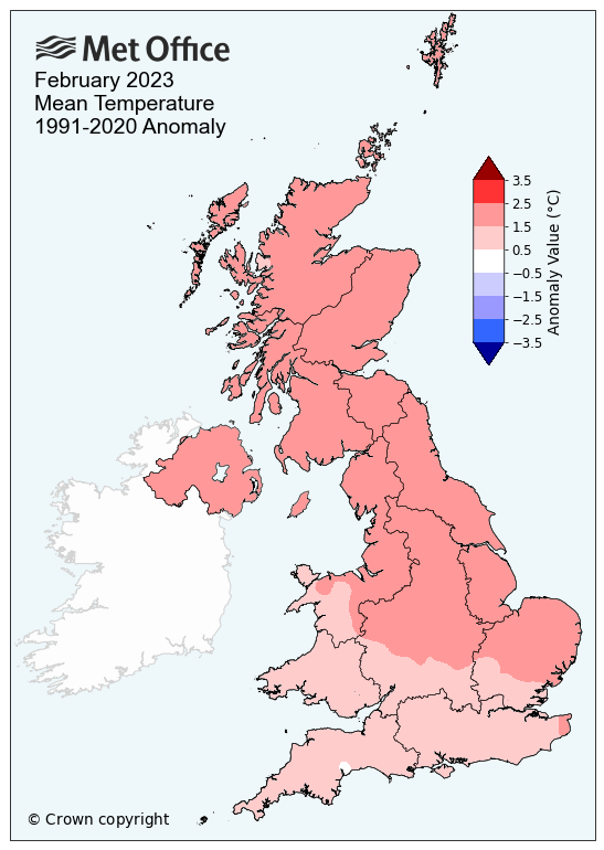 Map of the UK's mean temperature in February 2023 versus the long term average. The map shows a milder than average month for the UK.