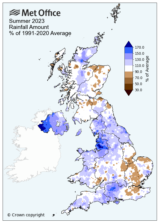 Map of the UK showing summer 2023 rainfall compared to average. The map is predominantly wetter in the west and drier in the east.