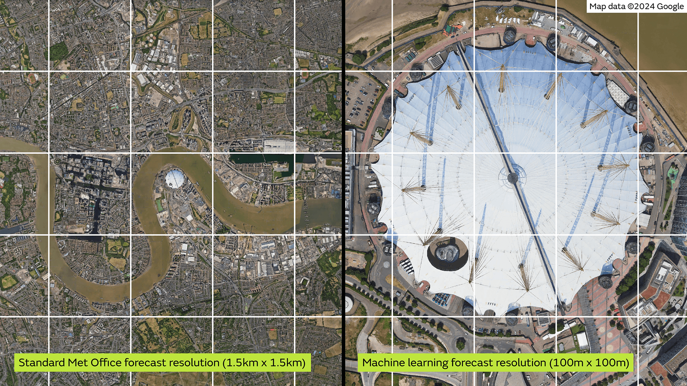 A graphic showing two types of resolution over London. One shows central London with a 1.5km x 1.5km grid over the top and is representative of current Met Office forecasts. The other half shows a more detailed version of London, with a 100mx100m grid, showing the increased level of detail from the machine learning method.