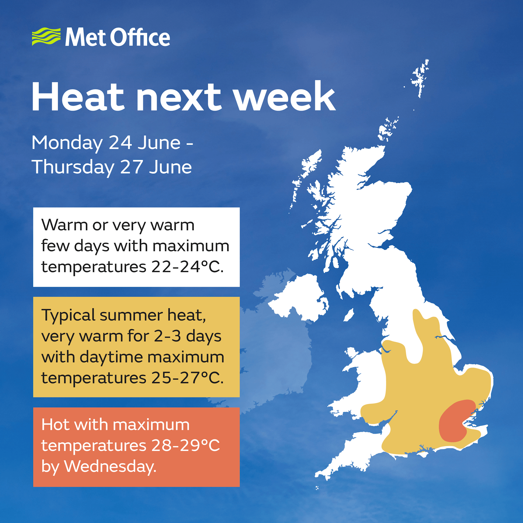 Map showing the highest temperatures are likely to occur in the south and east