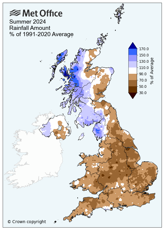 Map showing rainfall for summer 2024, especially rainy in Scotland and less so rest of the UK