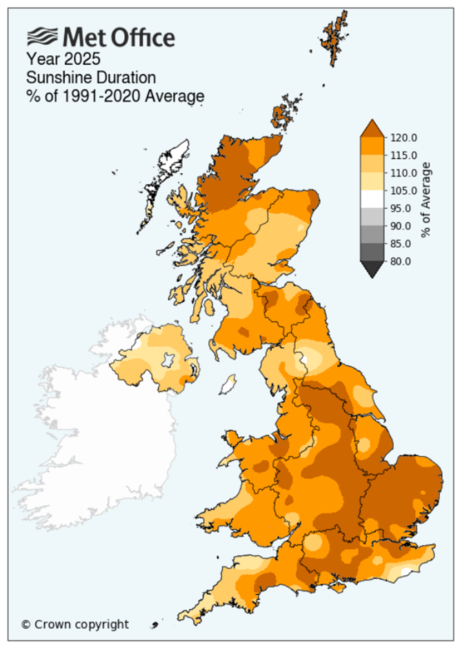2025 UK sunshine anomaly map