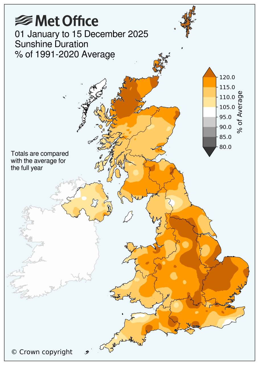 Map showing 2025 (so far) sunshine hours for the UK - very sunny