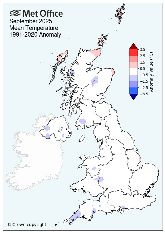 Map of the UK showing September 2025 mean temperature compared to average. The map shows an average month.