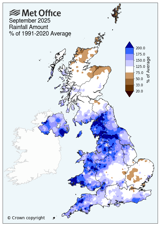 Map of the UK showing rainfall amounts for September 2025 when compared to average. The map shows a predominantly wet country, particularly in western areas.