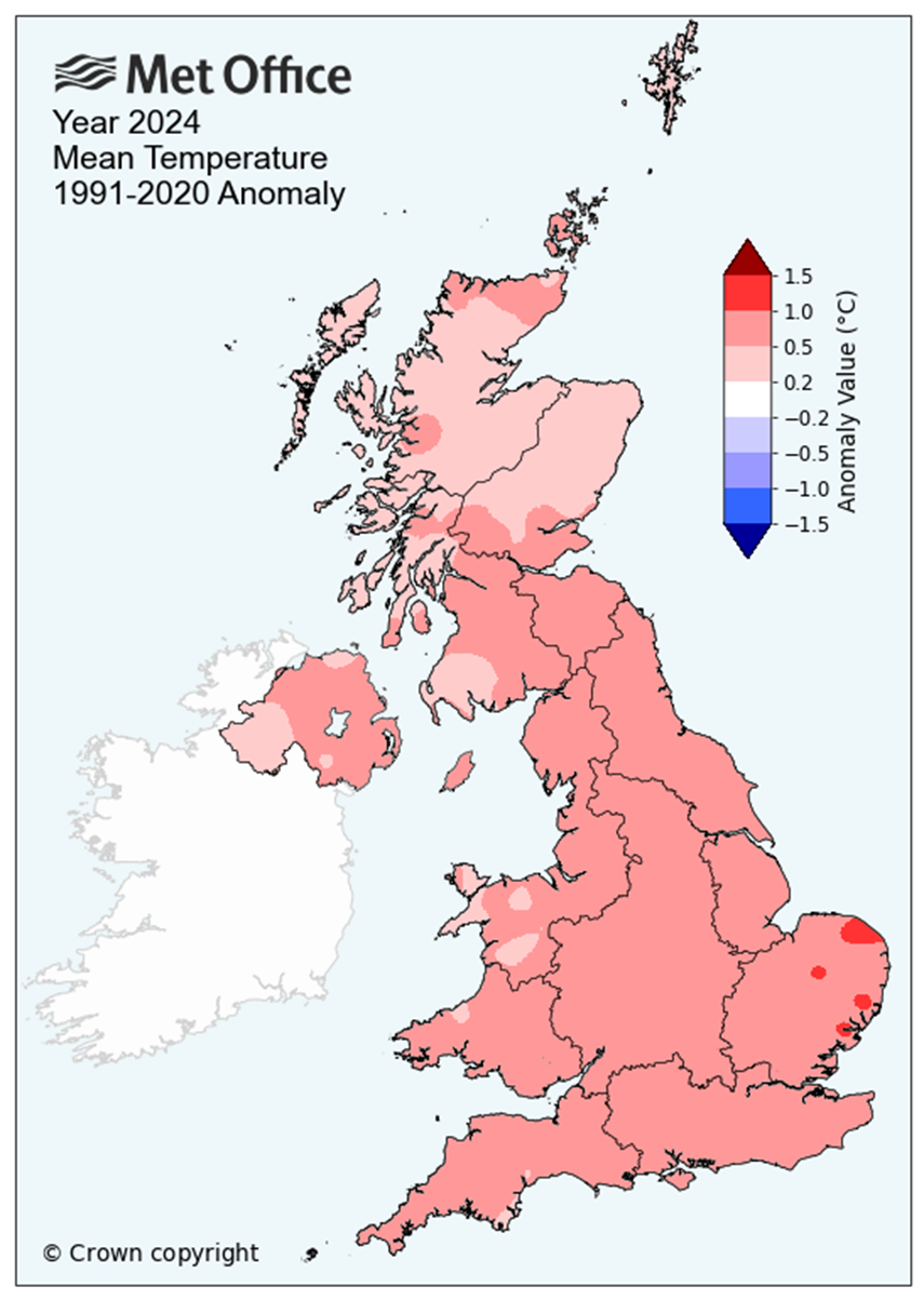 UK mean temperature map 2024