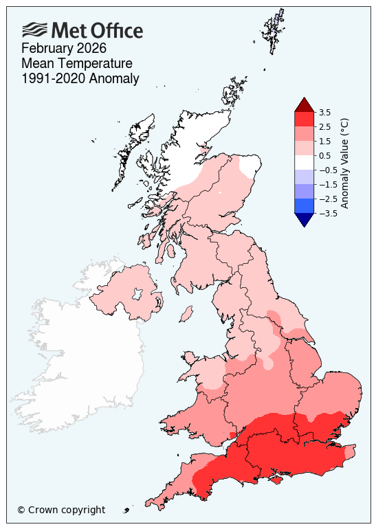 UK map showing mean temperature for February 2026