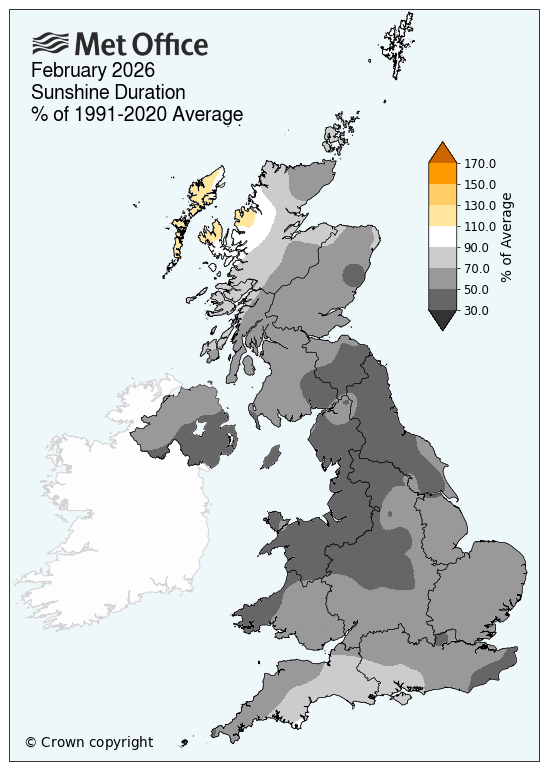 UK sunshine map for February 2026