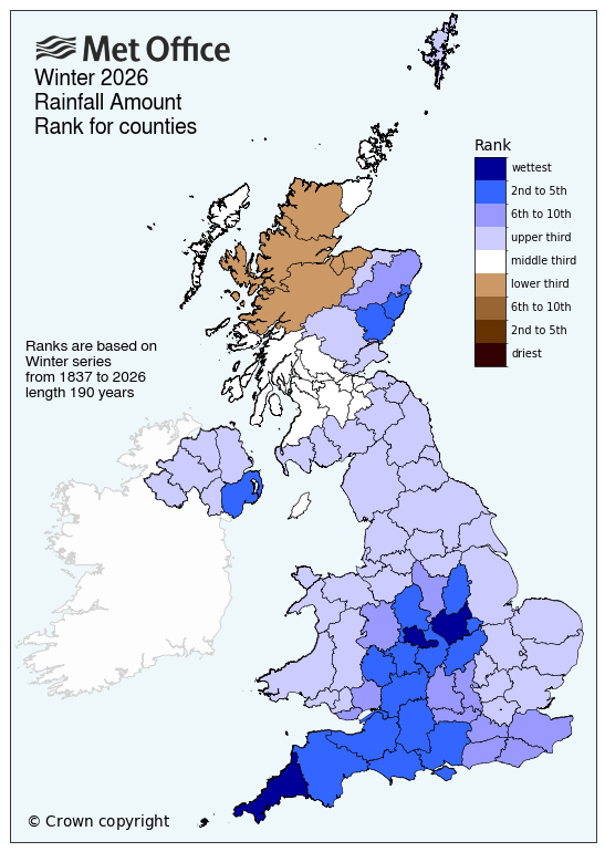 This map shows how Winter 25/26 ranks for rainfall from 1837-2026 by county.