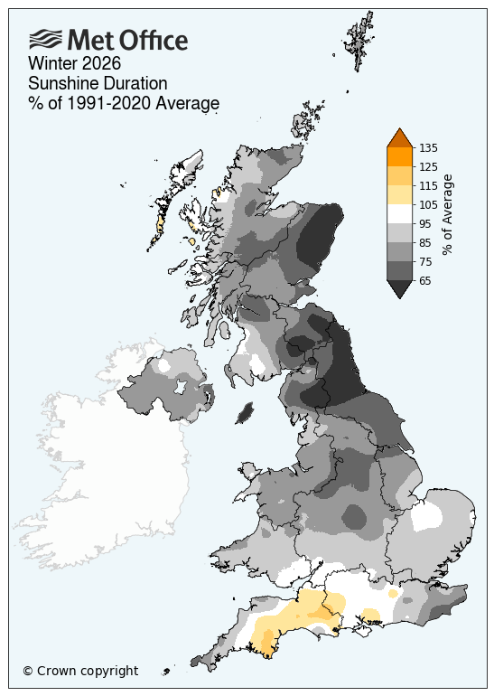 UK map showing winter sunshine hours
