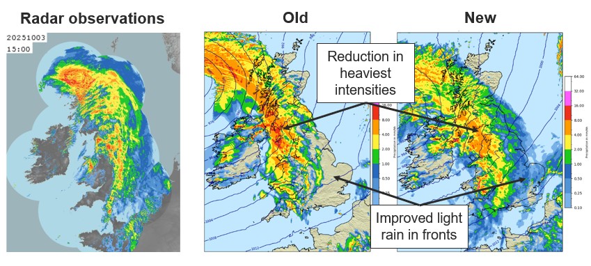 Radar and model images of rainfall during Storm Amy Oct 3 2025