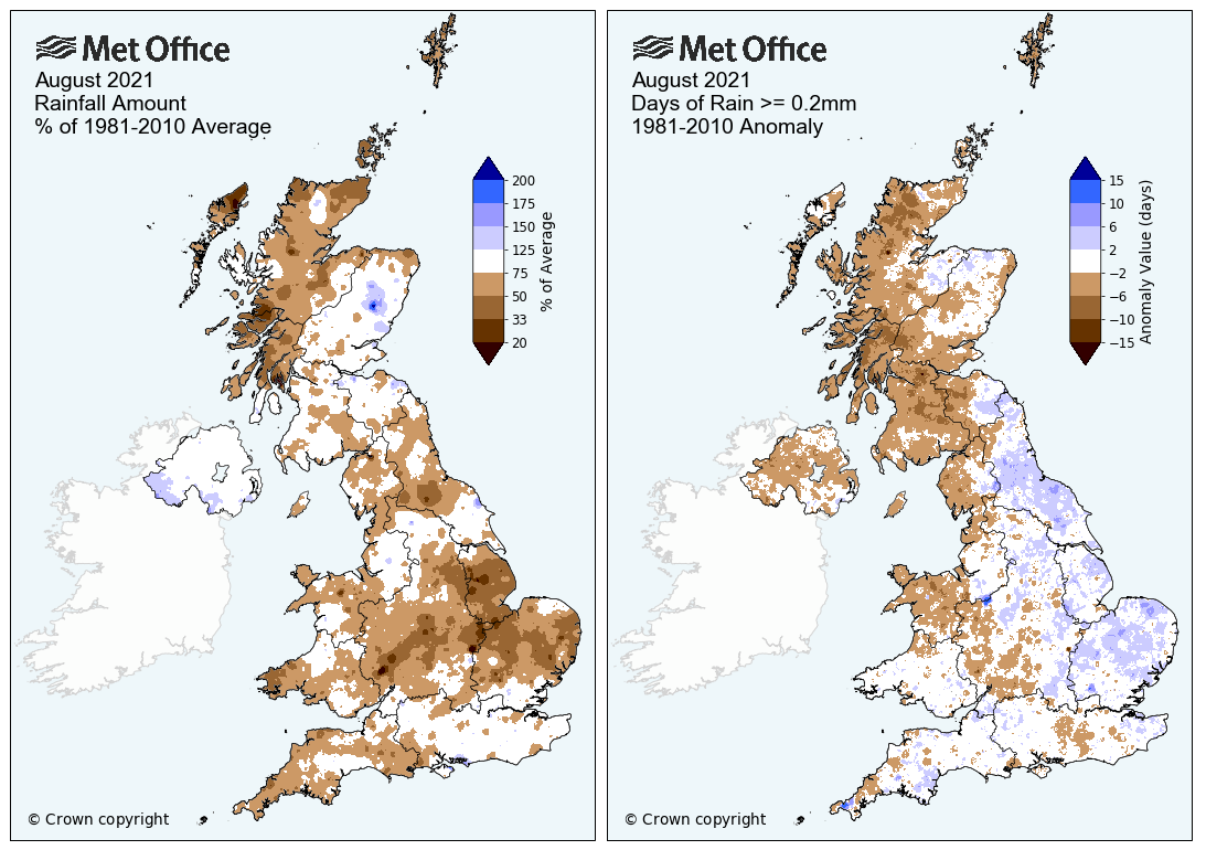 Maps showing rainfall anomaly and rain days across the UK for August 2021