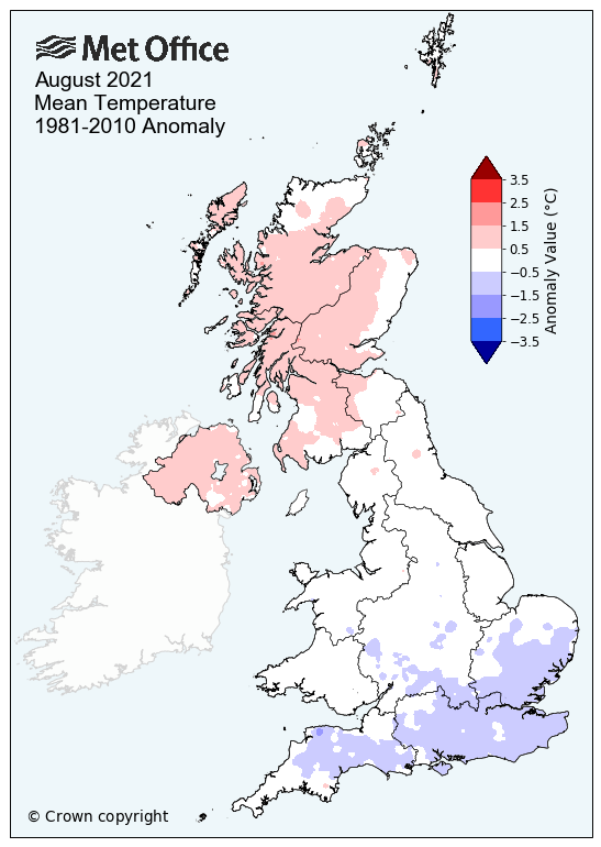 Map showing mean temperature across the UK for August 2021