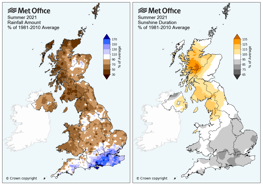 Maps showing rainfall and sunshine across the UK for Summer 2021