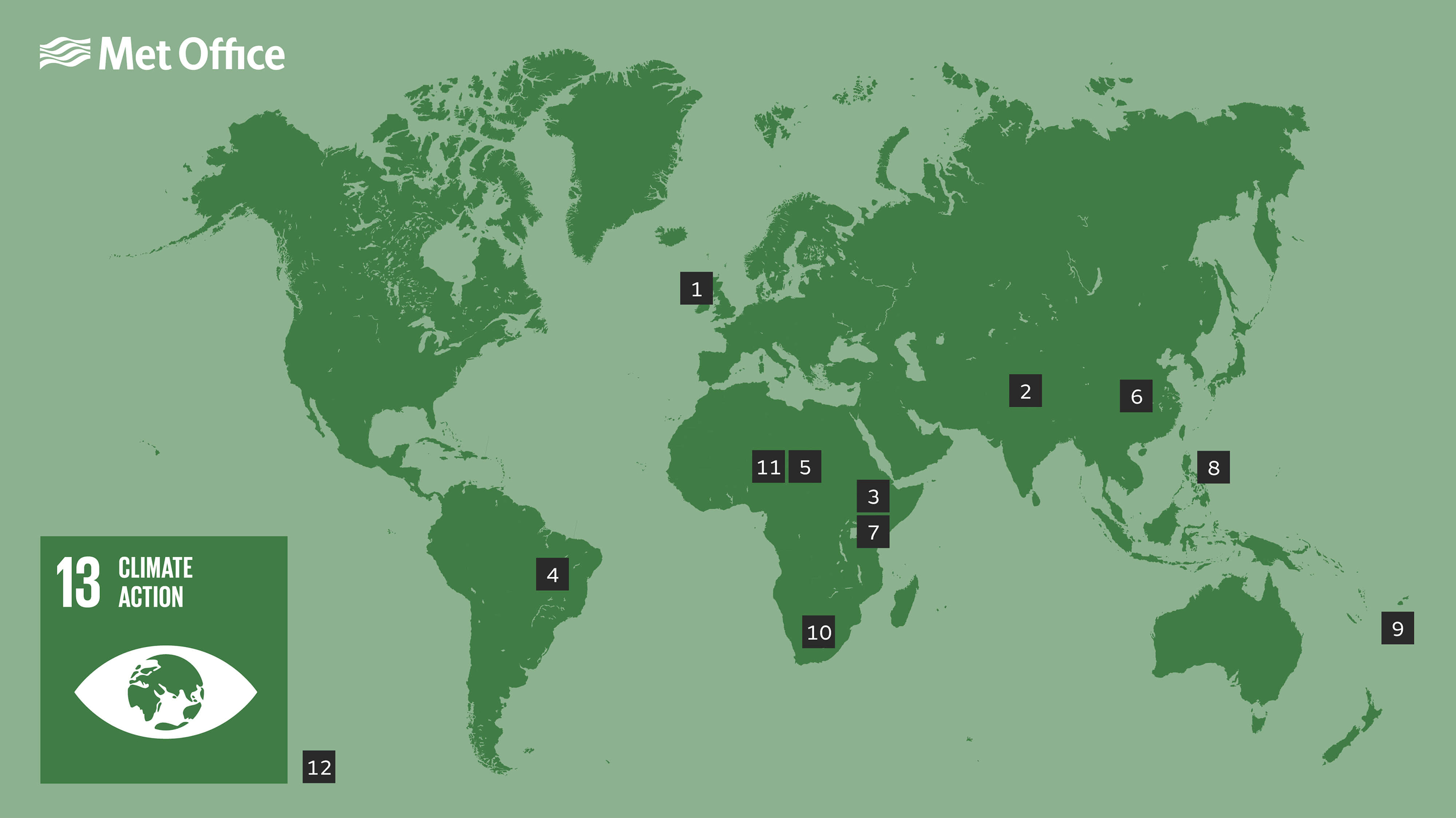 Map showing places relevant to SDG13 goal, as per the descriptions below.