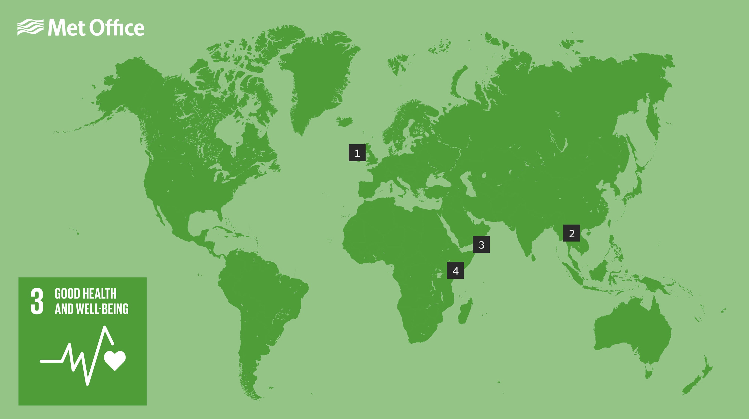 Map showing places relevant to SDG3 goal, as per the descriptions below.
