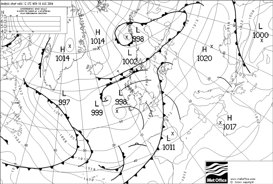 Weather chart for the UK on 16 August 2004 showing low pressure across the UK.