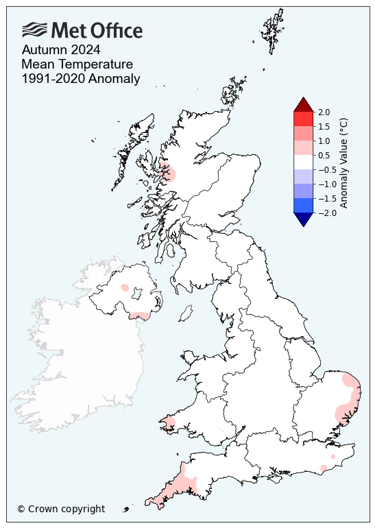 Map showing mean temperatures Autumn 2024 UK