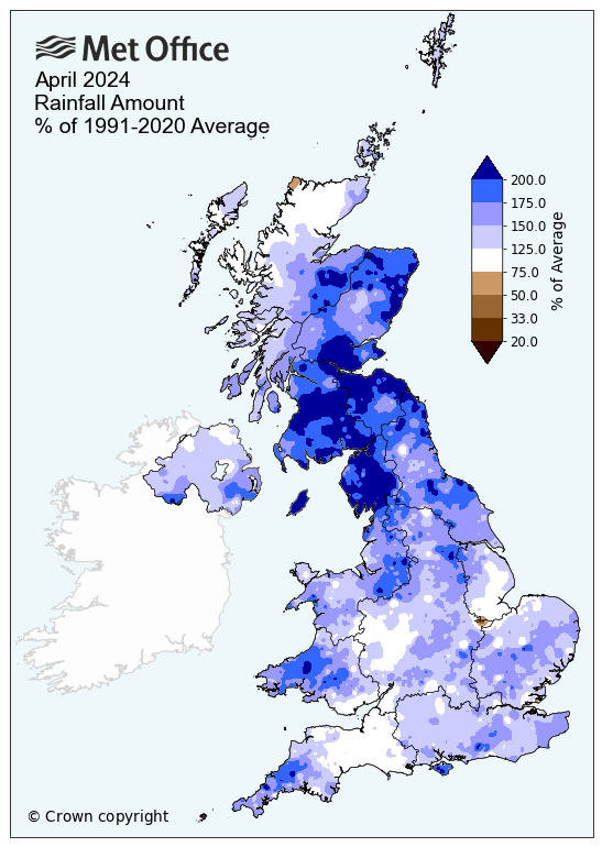 Map of the UK showing rainfall for April 2024. The map is mostly blue indicating higher than average rainfall for most. The wettest area of the map is in central and eastern Scotland.