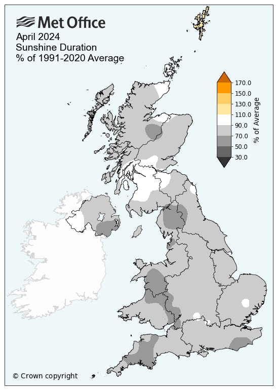 Map of the UK showing sunshine hours for April 2024. The map is grey nearly everywhere across the UK indicating a dull month with sunshine hours below average. Some parts of central and western Scotland were around average and are shown as white.