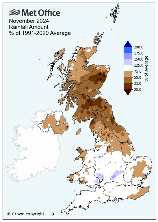 Map showing November rainfall.. drier in the north, wetter in the south