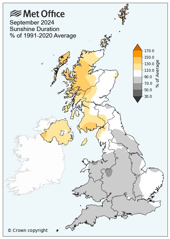 UK Map showing sunshine for September 2004, showing sunniest in the north and less sunny in the south