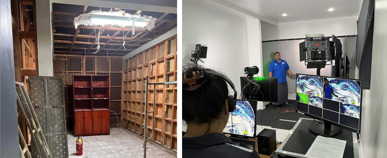 image showing studio room full of boxes then studio room ready for TV broadcast