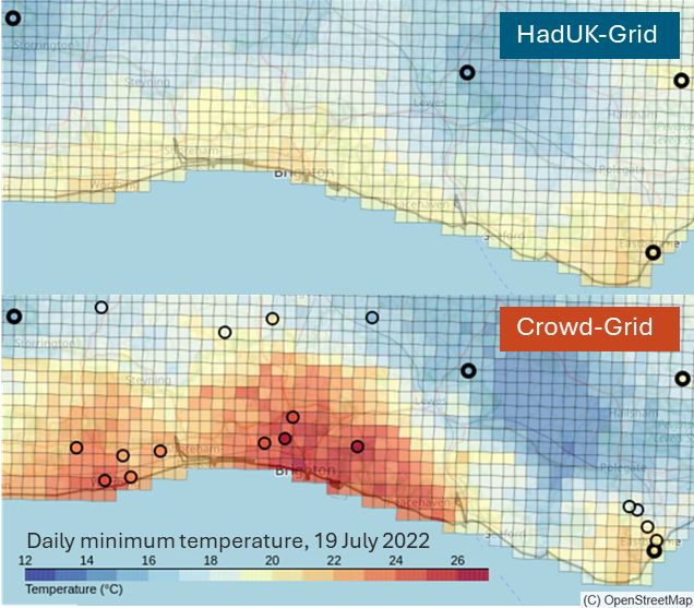 The map shows two versions of gridded data near Brighton. The HadUK-Grid has fewer data points and doesn't capture coastline warmth. While the Crowd-Grid one has more datapoints and better displays warmth near the coast.