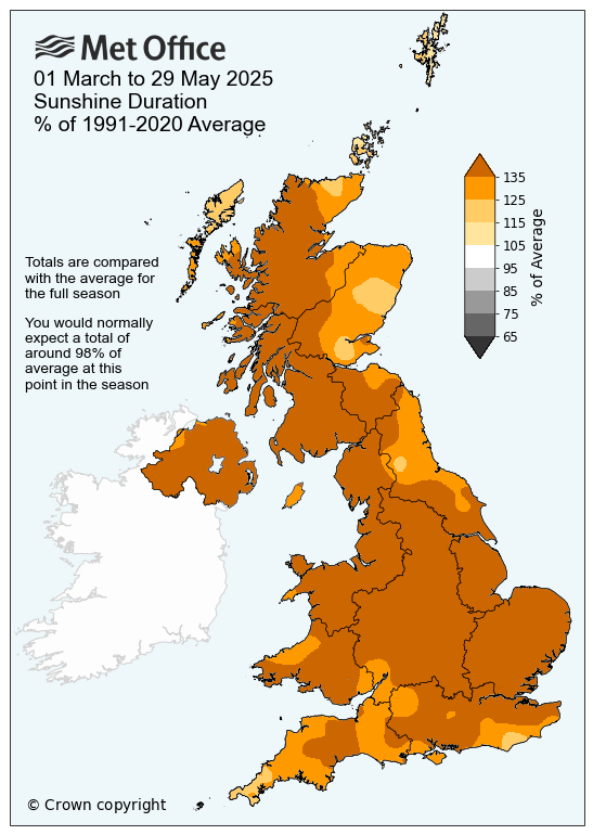 Spring 2025 sunshine hours map