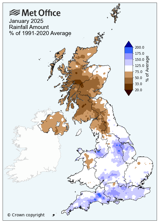 A map of the UK showing January 2025's rainfall amounts compared to average. The map shows it was drier than average in the north, and slightly wetter in the south.