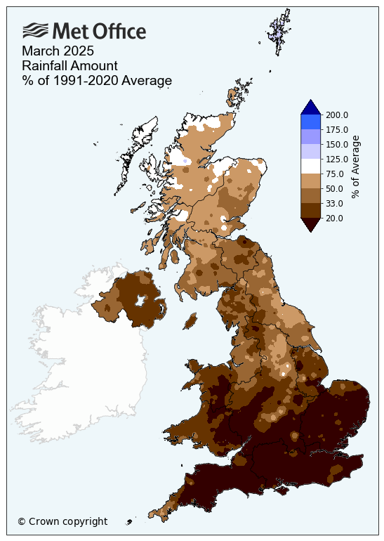 Map showing March rainfall amounts.. very dry across the UK