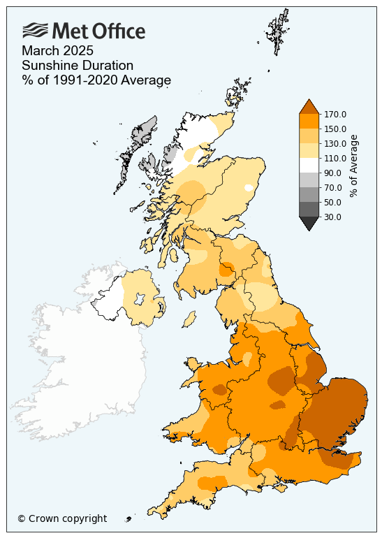 Map showing March 2025 sunshine amounts... with lots of sunshine across the UK