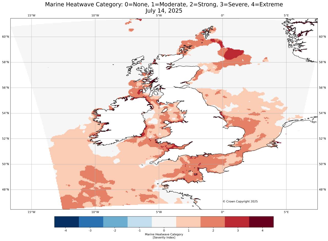 Map showing current marine heatwave across the UK